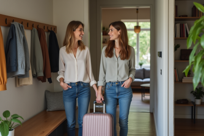 Femme accueillante avec un jeune invité dans un appartement parisien