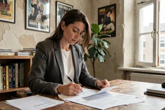 Actrice américaine lisant un scénario de film dans un bureau de production hollywoodien