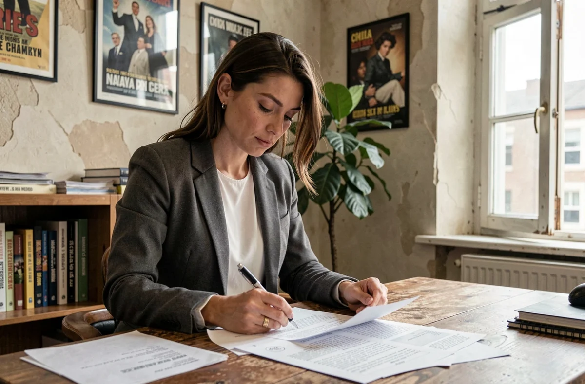 Actrice américaine lisant un scénario de film dans un bureau de production hollywoodien