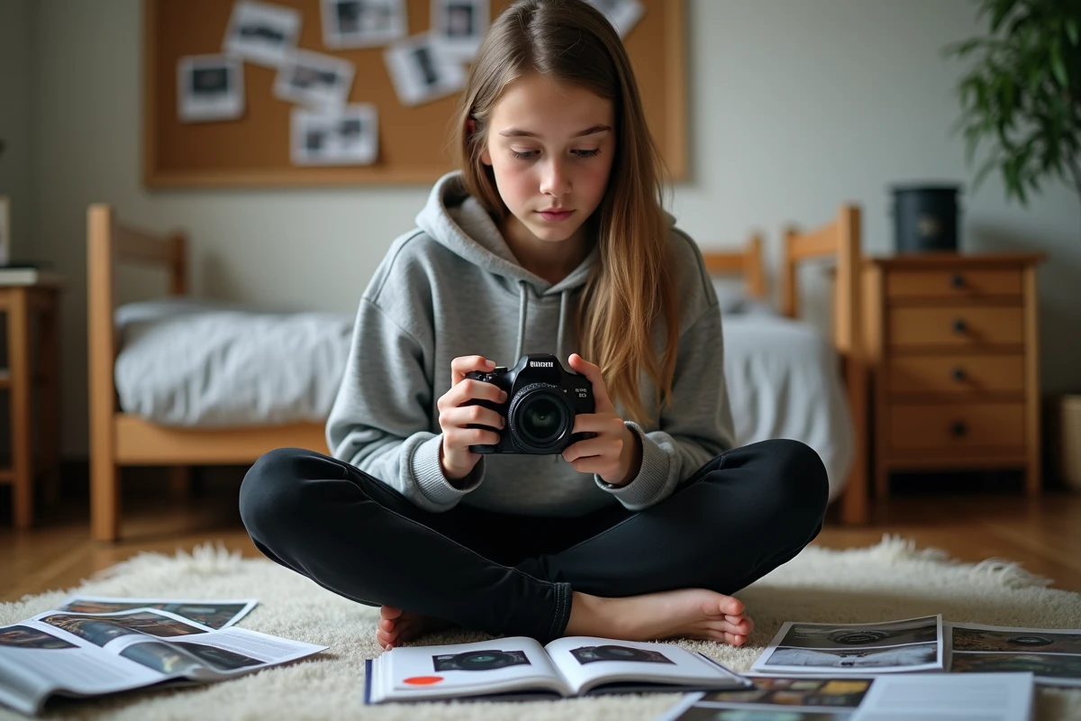 Adolescente passionnée de photo assise sur le sol de sa chambre en train d'examiner un appareil photo reflex entourée de magazines spécialisés