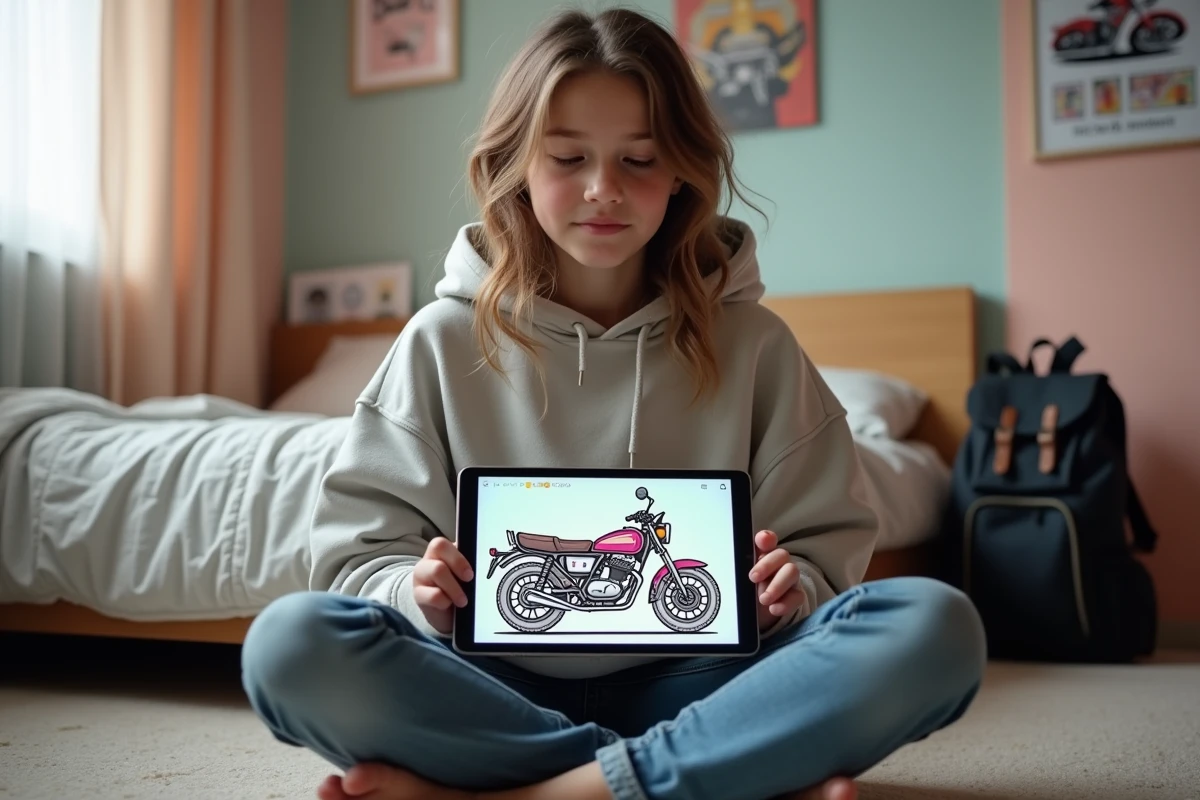 Adolescente utilisant une tablette pour colorier une moto en ligne dans une application numérique