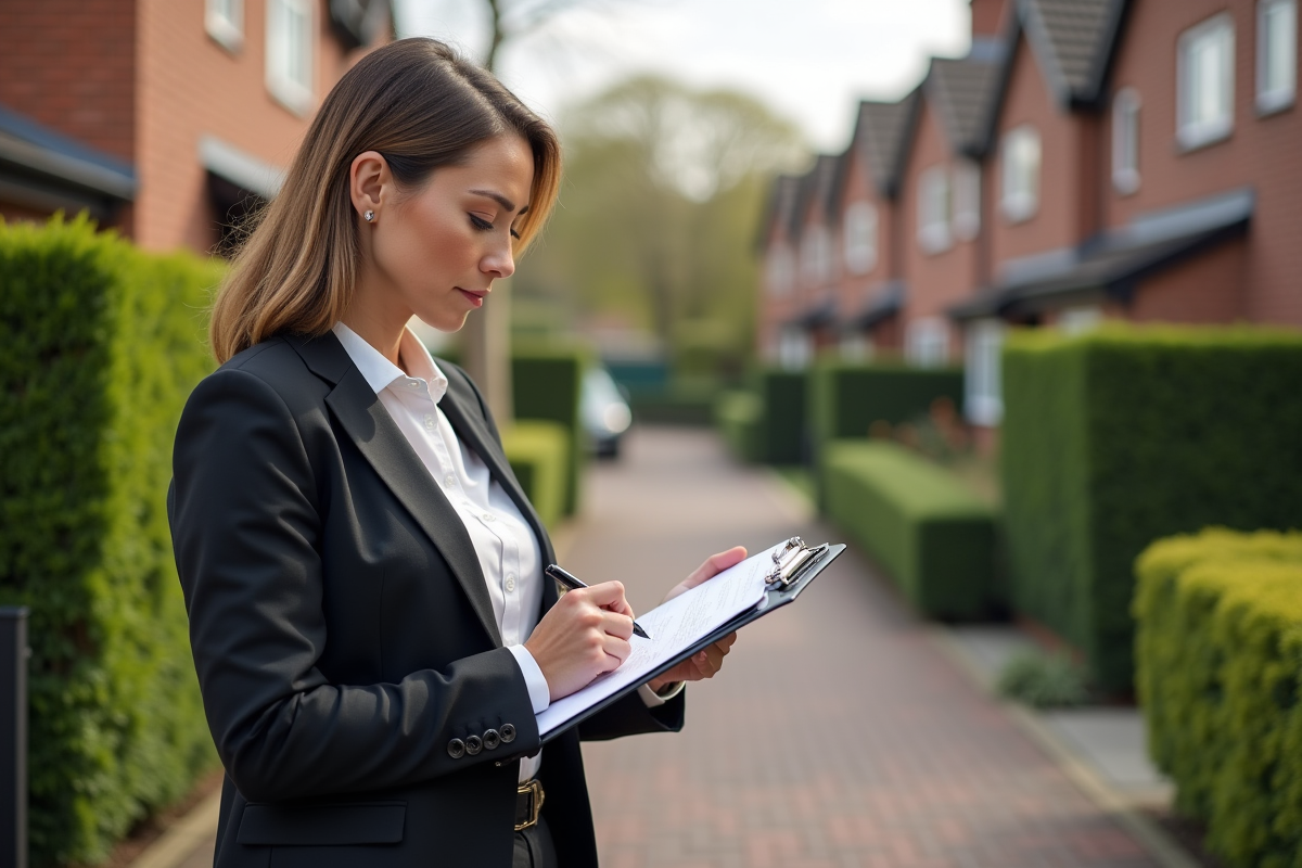Agent immobilier note devant maison individuelle en extérieur