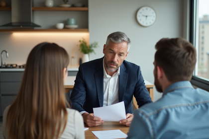 Agent immobilier examine documents avec couple dans appartement lumineux