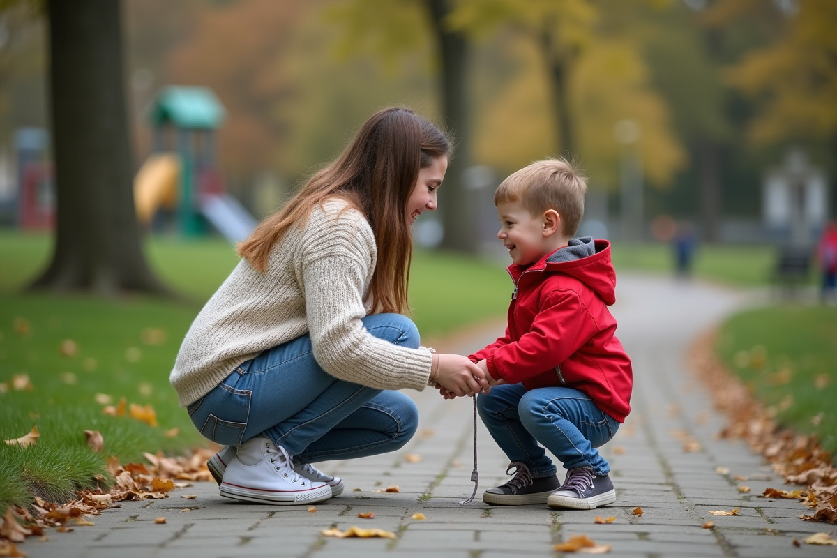 Adolescente aidant un jeune garçon dans un parc urbain
