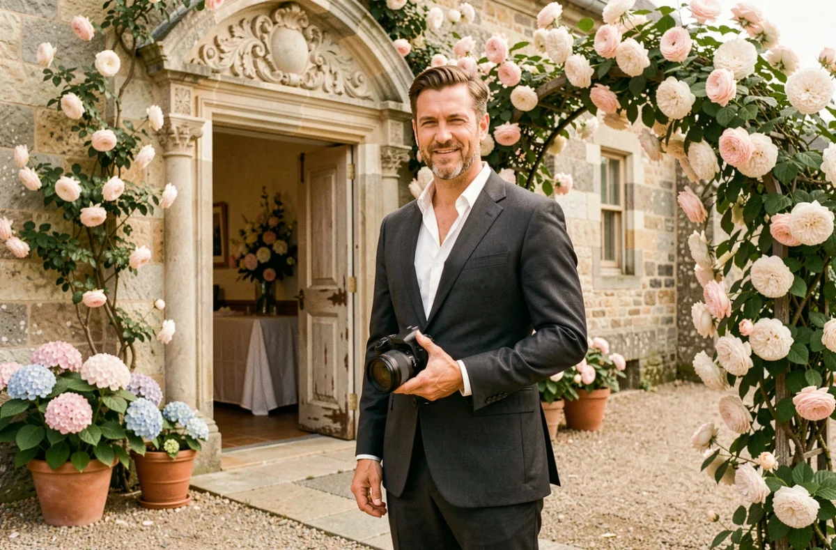 Alex Mariage, photographe de mariage, devant le porche fleuri d'une chapelle en granit breton dans les Côtes-d'Armor