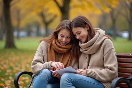 Deux jeunes femmes souriantes en automne sur un banc