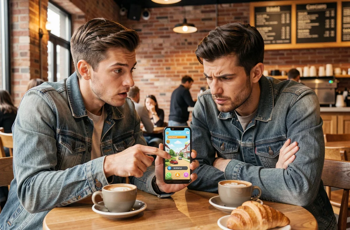 Deux amis dans un café discutant d'une progression stagnante dans le jeu Monopoly GO Tycoon Club