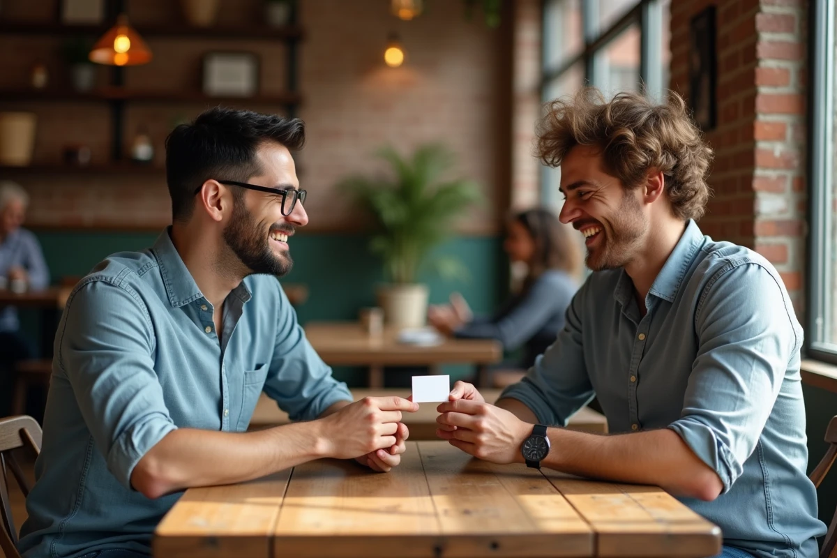 Deux hommes riant dans un café avec une carte pliée