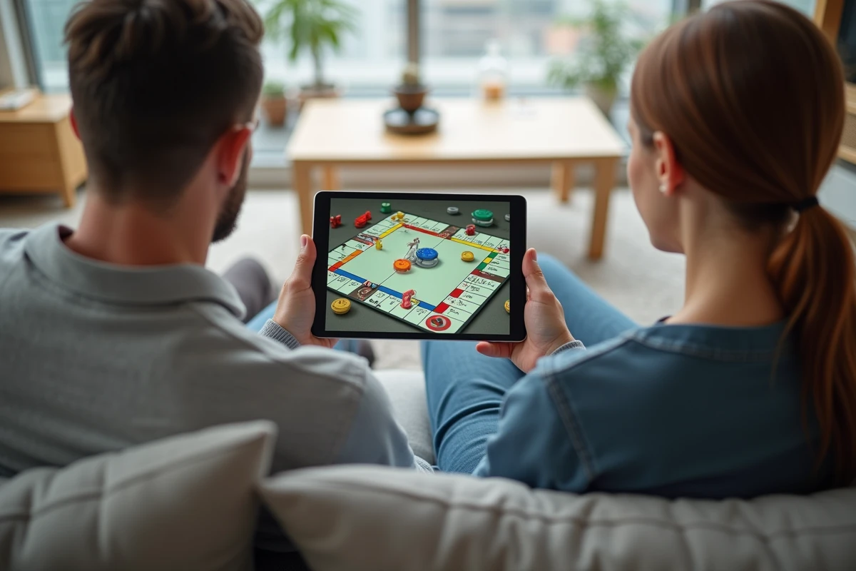 Deux amis partageant une tablette pour jouer à Monopoly GO ensemble sur un canapé gris dans un salon moderne et minimaliste