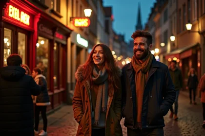 Groupe d'amis dans Strasbourg la nuit avec rue pavée et cathédrale