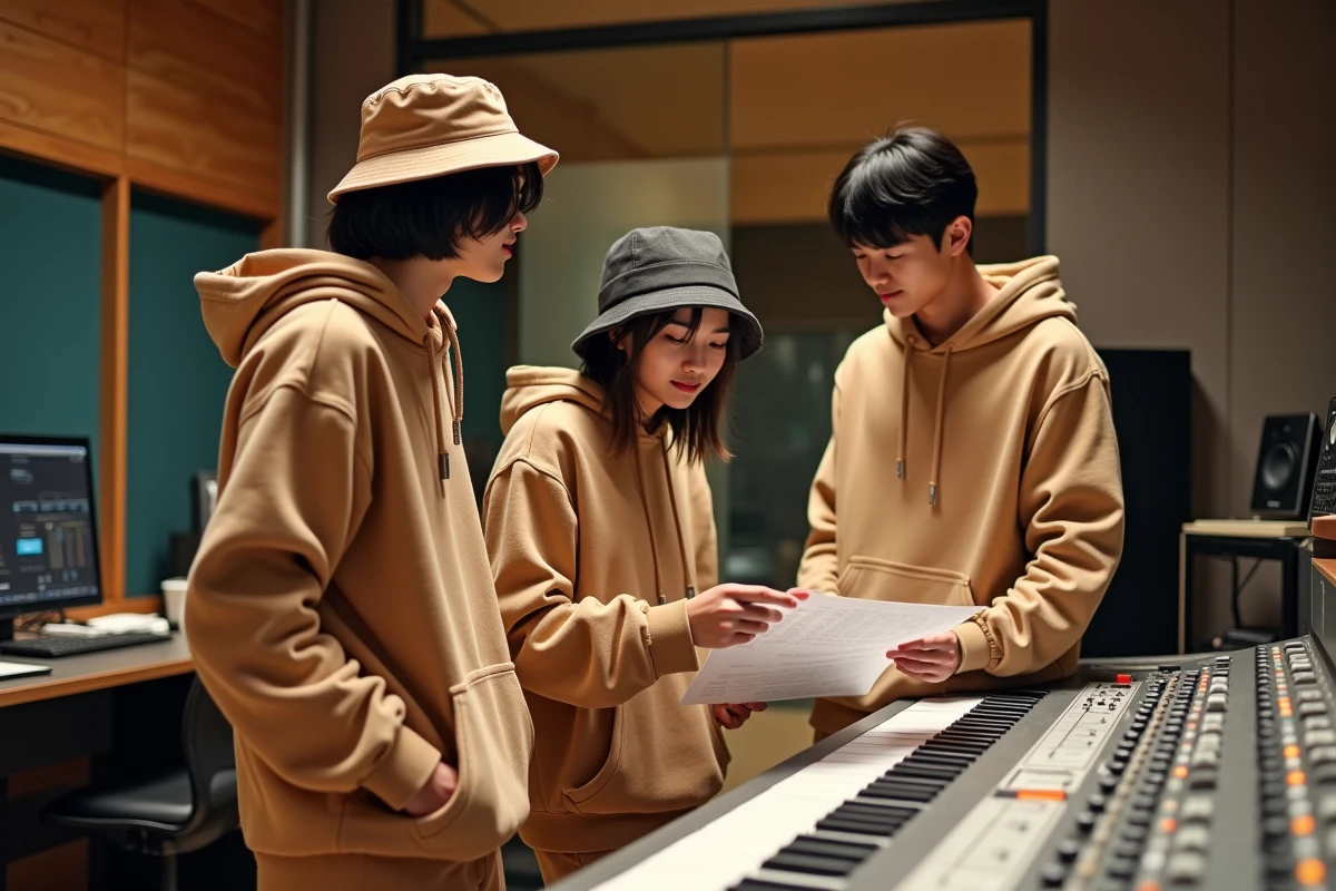 Artistes K-pop en studio d'enregistrement en coulisses, portant des sweats à capuche décontractés et travaillant sur leur musique