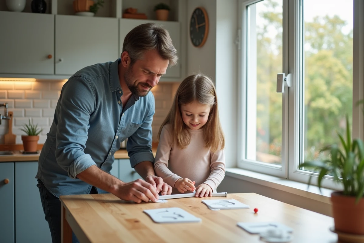 Père et fille assemblant un kit de joint pour fenêtre dans la cuisine