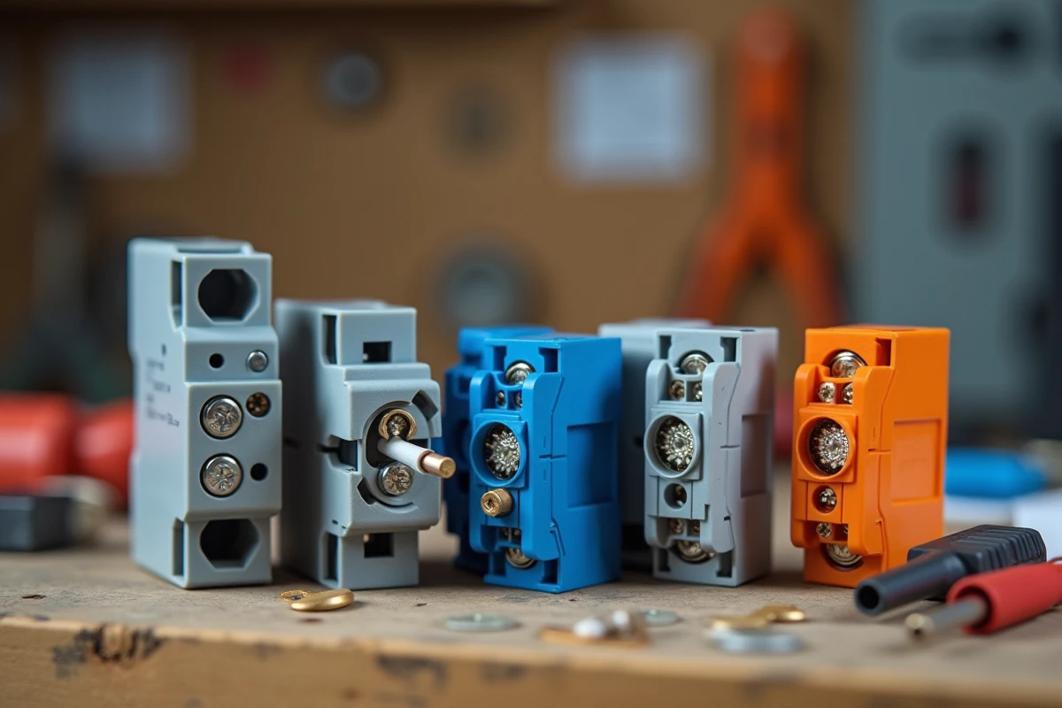 Assortiment de bornes de connexion électrique de différents types et tailles posées sur un établi d'atelier d'électricien