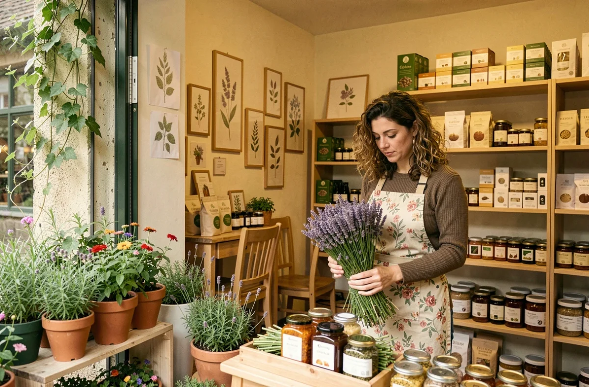 Boutique Au Jardin de Laurence à Colmar avec herbes fraîches, cosmétiques naturels et atmosphère botanique