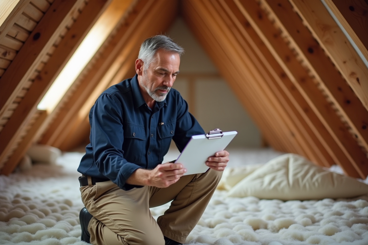 Auditeur énergie homme en tenue dans un grenier isolé