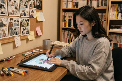 Auteure de webtoon coréenne dessinant sur une tablette graphique dans son studio créatif à domicile