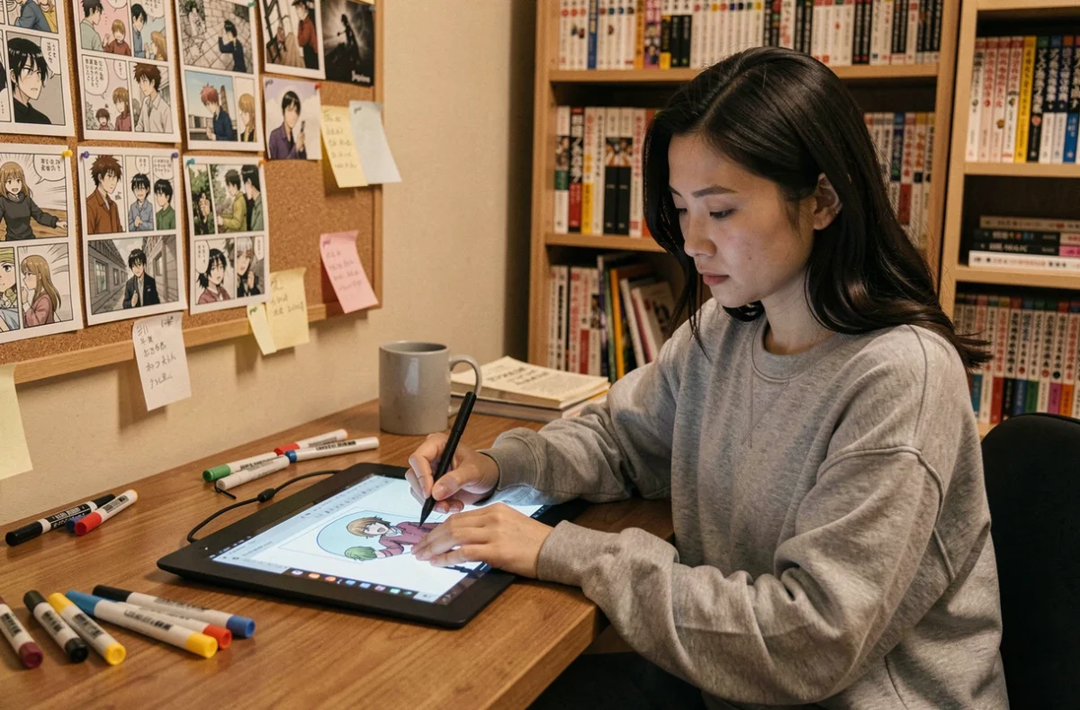 Auteure de webtoon coréenne dessinant sur une tablette graphique dans son studio créatif à domicile