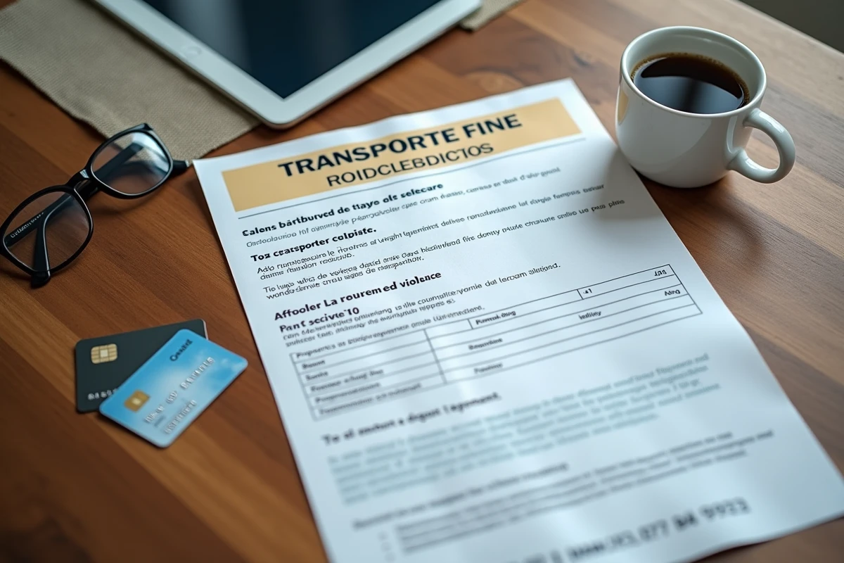 Vue de dessus d'un avis d'amende RATP posé sur une table avec une carte bancaire et une tablette affichant le site de paiement officiel