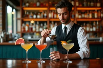 Barman versant un cocktail artisanal dans un bar élégant au style industriel chic à Lille