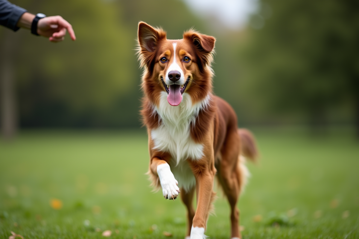 Chien berger australien brun en action dans un parc vert