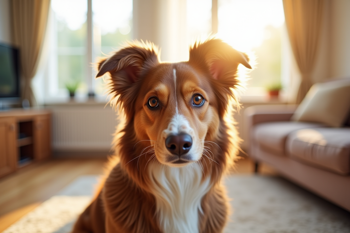 Chien berger australien brun assis dans un salon lumineux