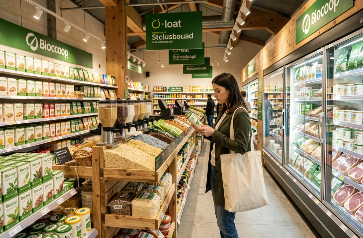 Rayon en vrac et produits biologiques certifiés au Biocoop de Strasbourg avec cliente et sacs réutilisables
