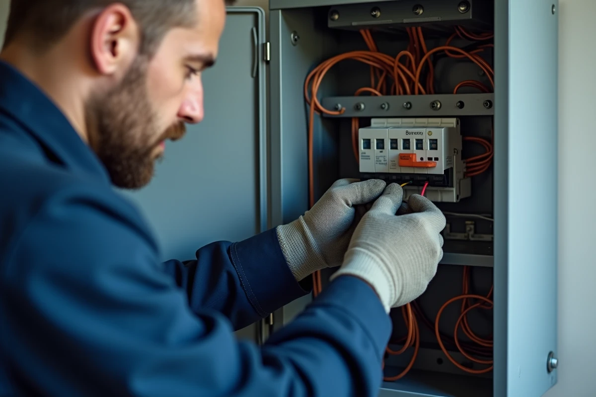Électricien professionnel connectant des fils de cuivre sur une borne de connexion électrique dans un tableau électrique résidentiel