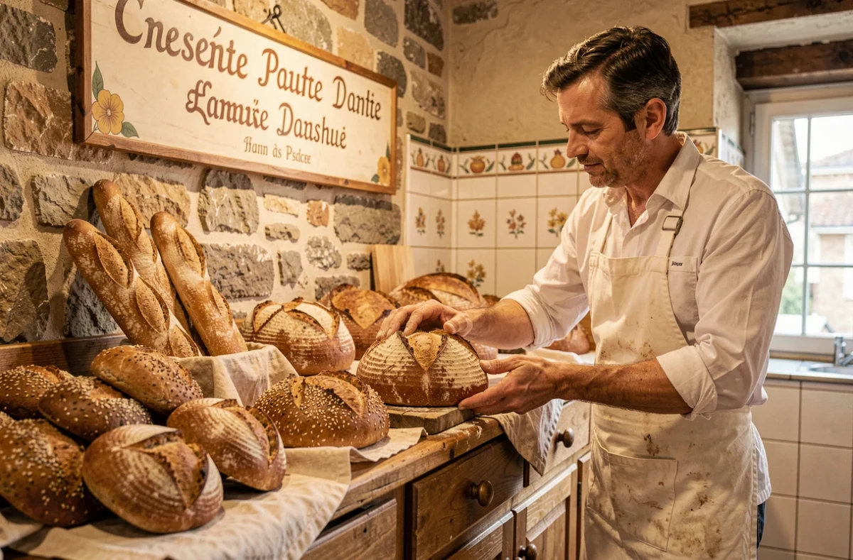 Boulangerie l'Enfariné à Kaysersberg avec pains biologiques artisanaux sur comptoir en bois et boulanger