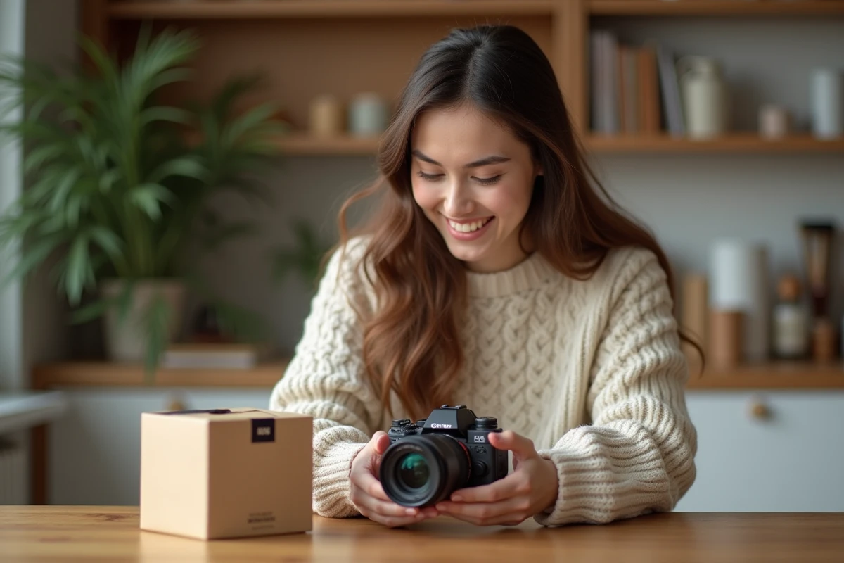 Jeune femme découvrant son premier appareil photo mirrorless en le déballant sur une table en bois dans un appartement scandinave chaleureux