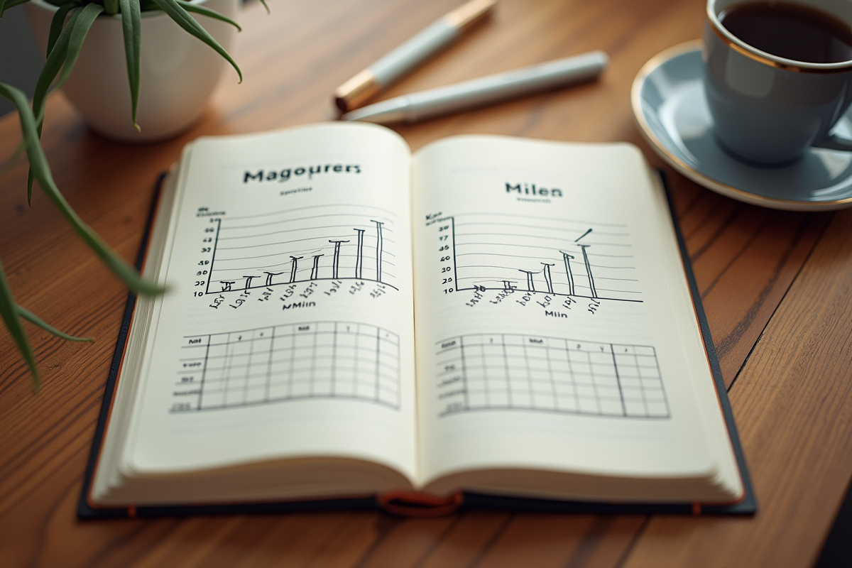 Carnet ouvert avec dessins de conversions miles et km sur bureau en intérieur