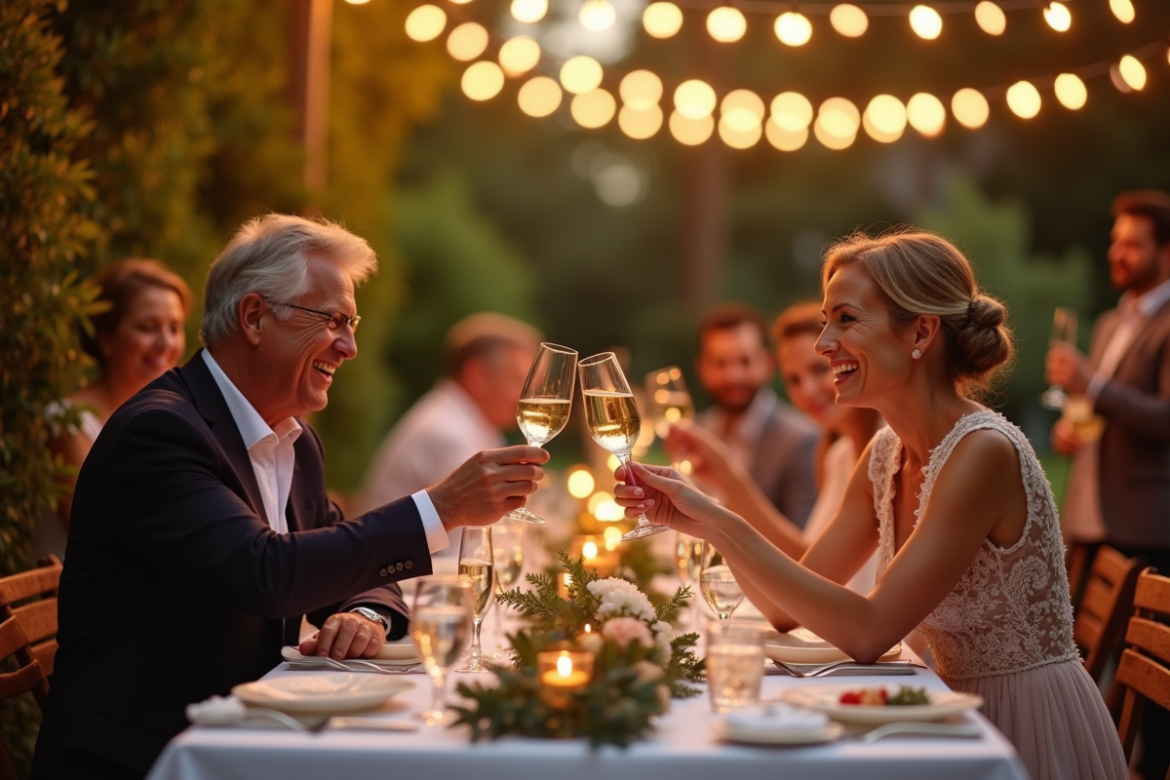 Couple élégant trinant lors d'une fête d'anniversaire en plein air