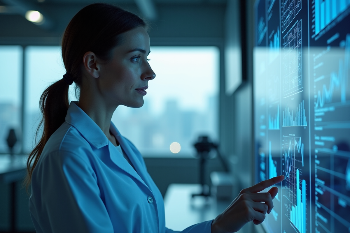 Chercheuse en blouse bleue utilisant un écran tactile avancé