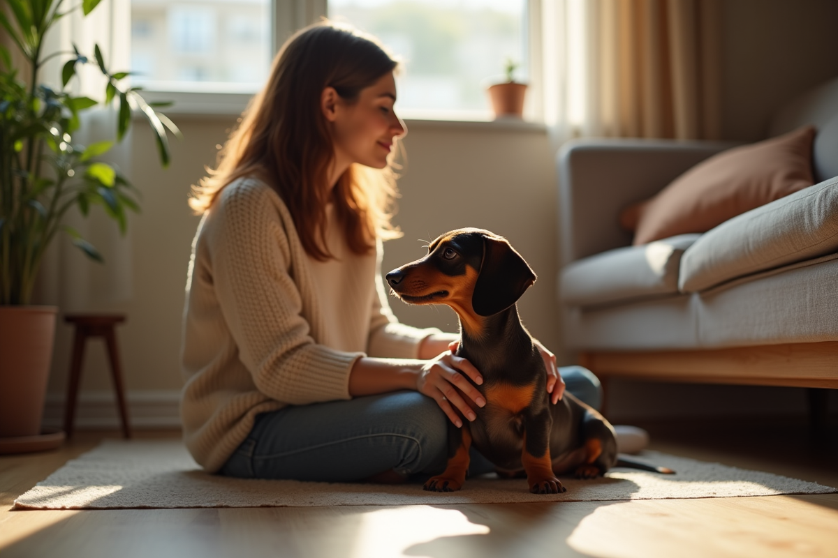 Chien dachshund et femme assis dans un salon chaleureux
