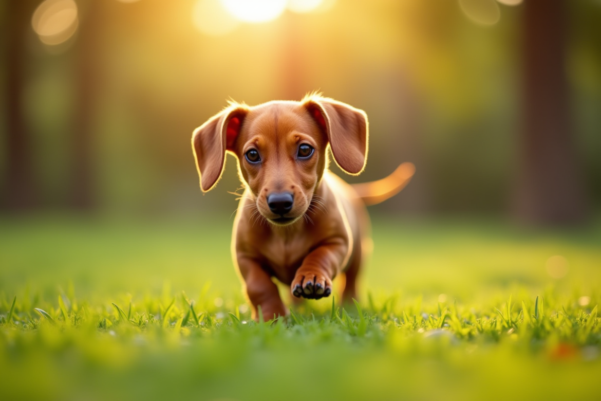 Chiot dachshund courant dans un parc ensoleille