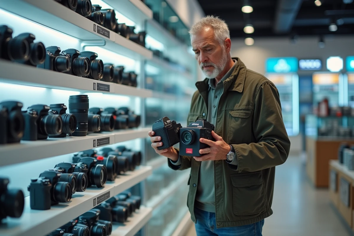 Homme comparant plusieurs appareils photo dans un magasin spécialisé en photographie pour choisir le meilleur cadeau