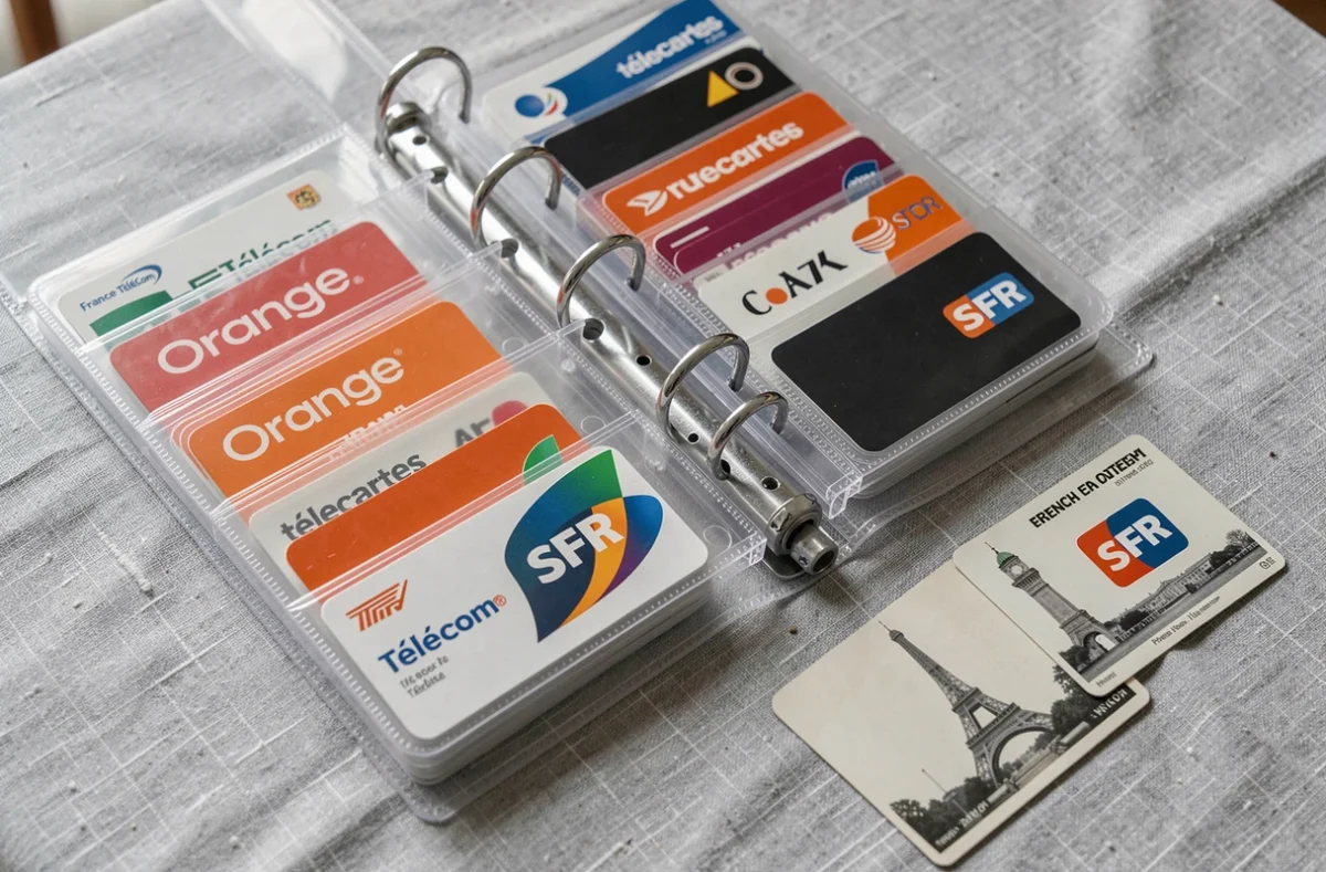Classeur de télécartes d'opérateurs français France Télécom Orange et SFR rangées dans des pochettes transparentes