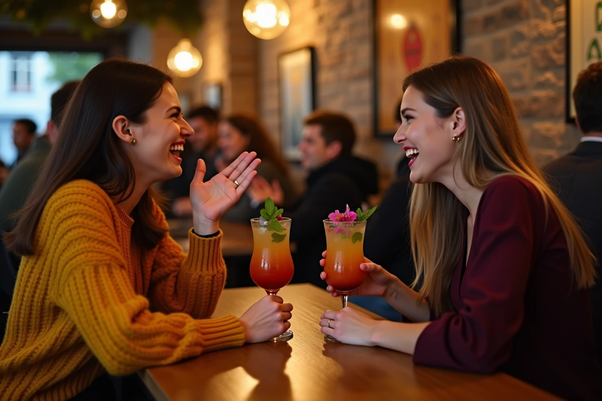 Deux amies dégustant des cocktails décorés de fleurs comestibles dans un bar chaleureux de Lille