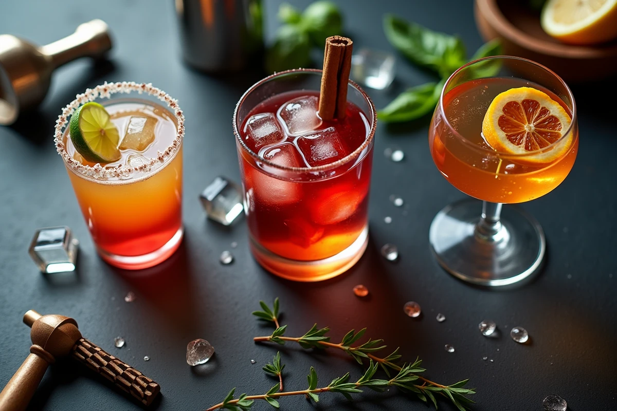 Vue de dessus de trois cocktails artisanaux avec leurs outils de préparation sur un comptoir en ardoise à Lille