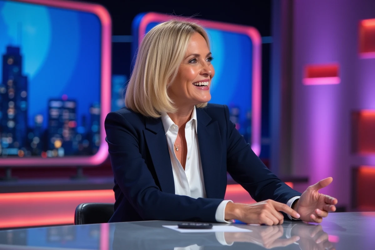Comédienne française souriante dans un studio télé moderne