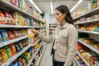 Femme comparant les prix dans un supermarché discount du 20e arrondissement de Paris