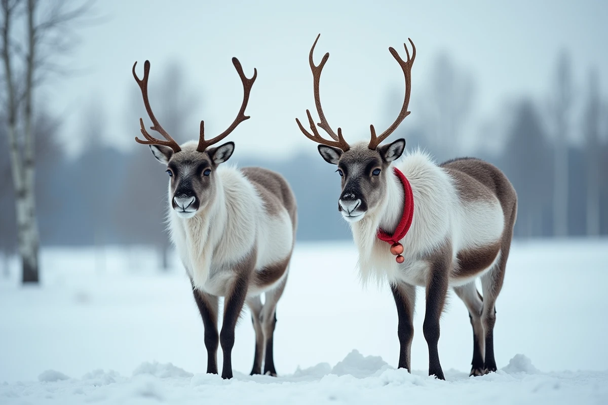 Comparaison entre un renne sauvage et un renne du Père Noël côte à côte dans un paysage arctique enneigé en Laponie