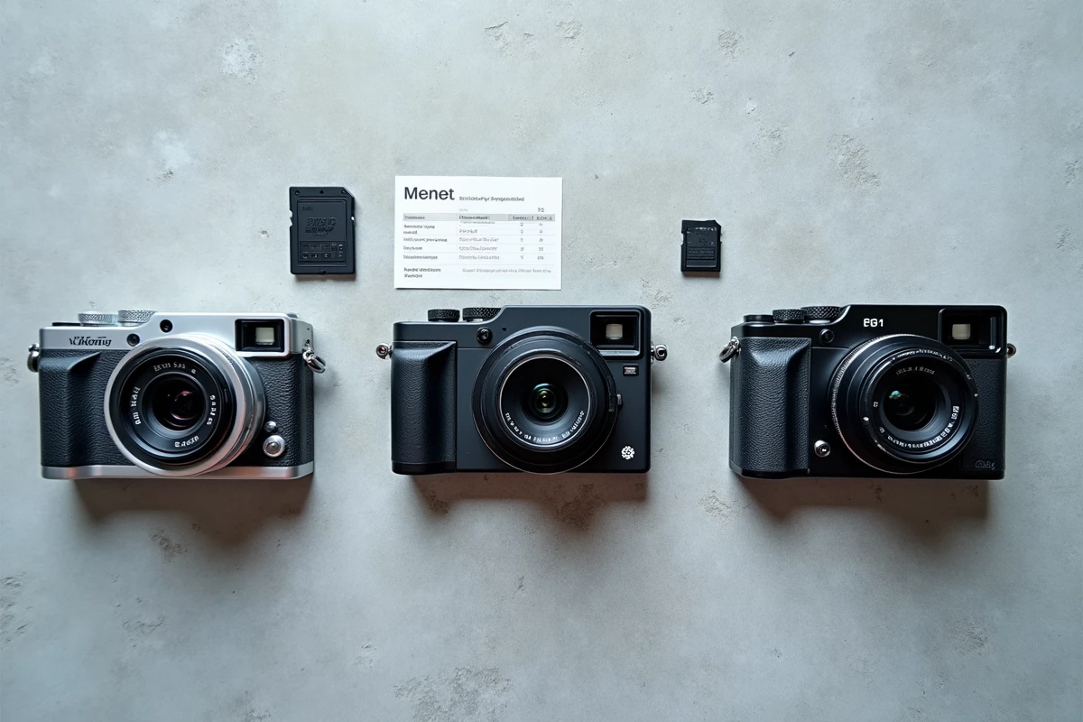 Comparatif de trois appareils photo compacts posés côte à côte sur béton, guide d'achat 2026