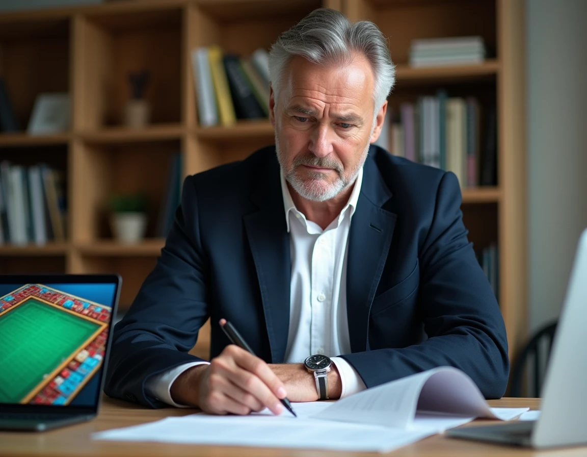 Homme d'affaires lisant attentivement les conditions générales d'un programme de fidélité en ligne sur des documents imprimés