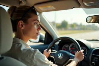 Conductrice dans une voiture de location regardant le compteur de vitesse affichant km/h et mph