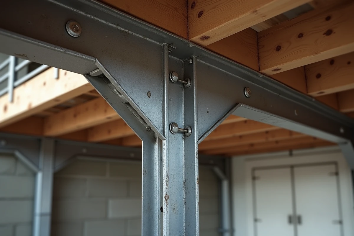 Cornière en L acier fixée à la jonction d'une poutre de mezzanine et d'un poteau métallique dans un espace industriel