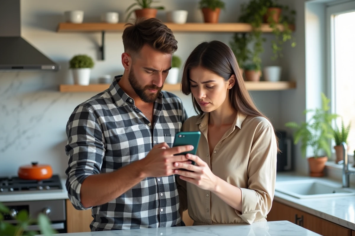 Couple consultant les avis en ligne avant d'acheter des cartes Pokémon sur un site e-commerce suspect