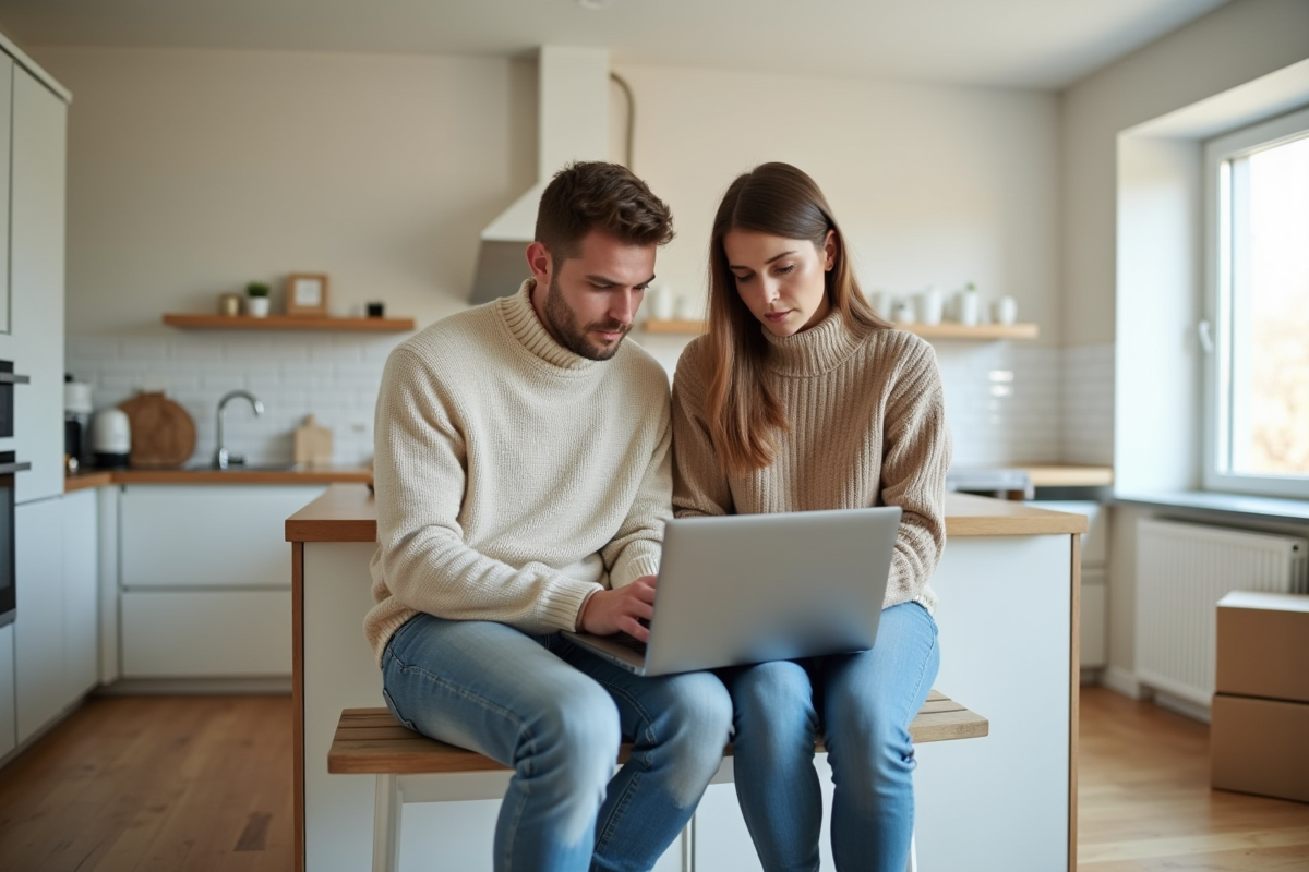 Jeune couple discutant achat immobilier dans une cuisine lumineuse