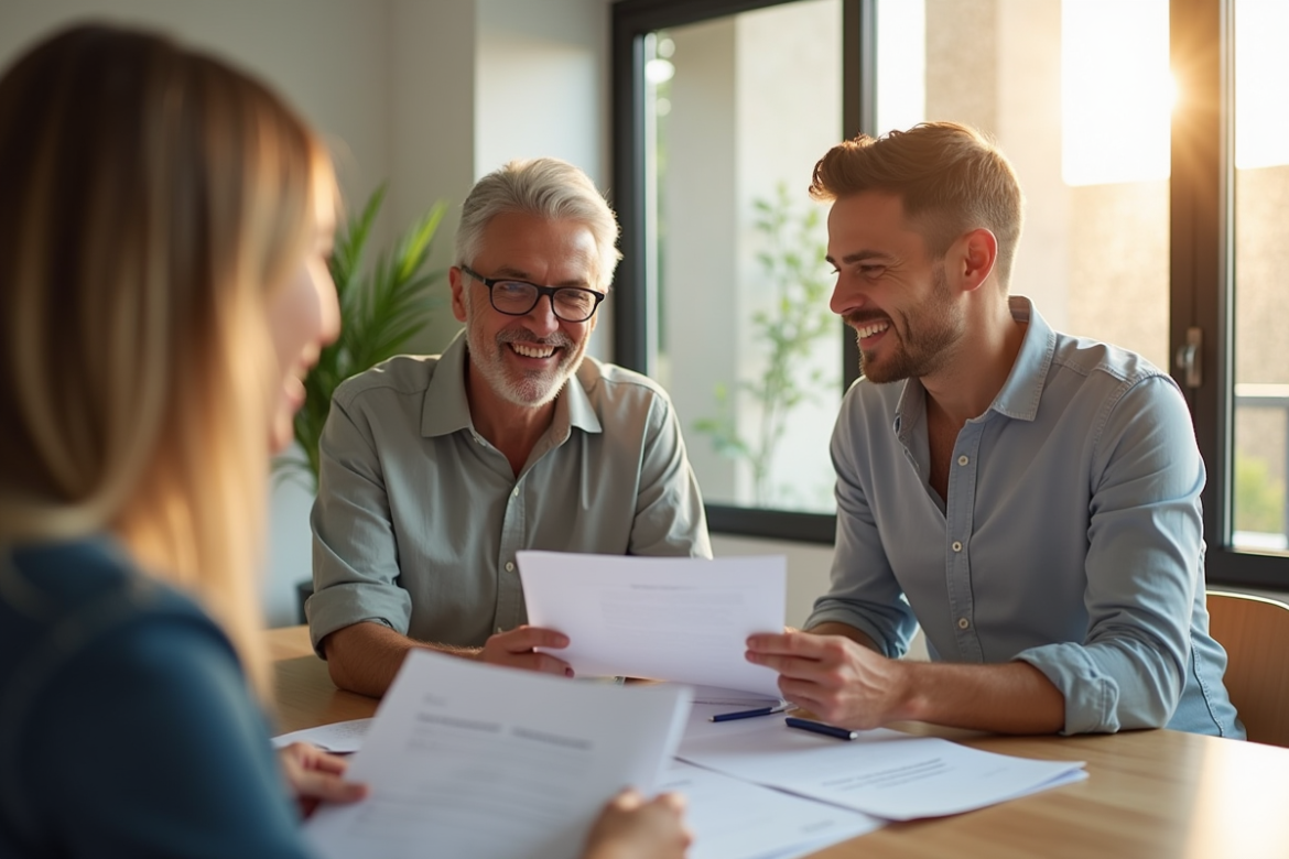 Couple heureux discutant de prêt immobilier avec conseiller