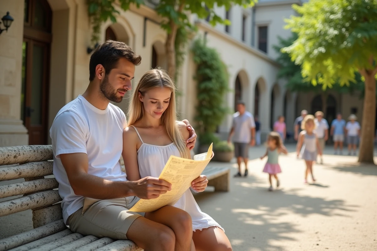 Jeune couple consulte une carte devant le Palais Idéal