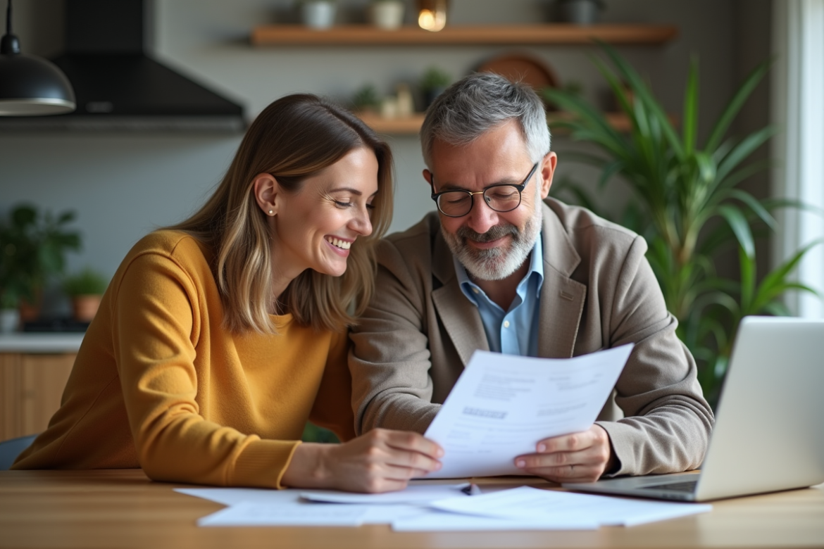 Couple d'adultes examinant des documents de prêt immobilier